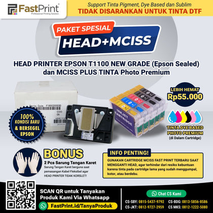 Print Head Printer Epson T1100 T30 L1300 C110 New Ori Plus MCISS Ink Dye Based