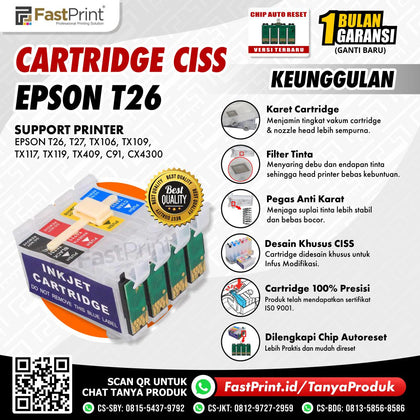 Cartridge Printer Infus CISS Epson T26, T27, TX106, TX109, TX117, TX119, TX409, C91, CX4300