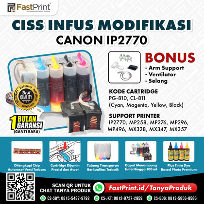 CISS Infus Modifikasi Canon IP2770, MP258, MP276, MP296, MP496, MX328, MX347, MX357 Plus Tinta