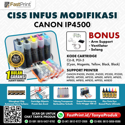 CISS Infus Modifikasi Canon IP4200, IP4300, IP4500, IP5300, IP3300, IP6700, MP500, MP530, MP600, MP610, MP620, MP800, MP810, MP830, MP930, MX850 Plus Tinta