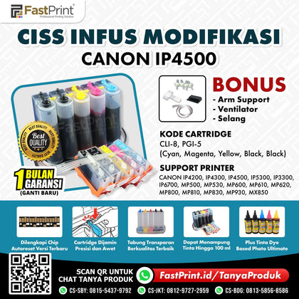 CISS Infus Modifikasi Canon IP4200, IP4300, IP4500, IP5300, IP3300, IP6700, MP500, MP530, MP600, MP610, MP620, MP800, MP810, MP830, MP930, MX850 Plus Tinta