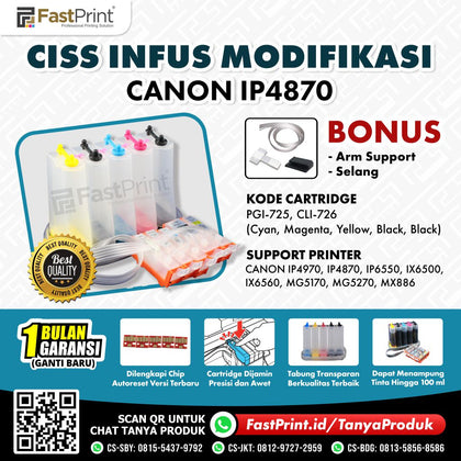 CISS Infus Modifikasi Canon IP4970, IP4870, IP6550, IX6500, IX6560, MG5170, MG5270, MX886 Kosongan