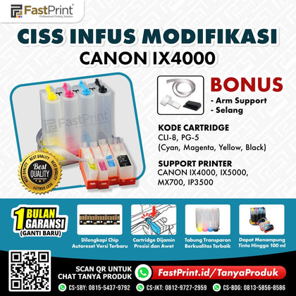 CISS Infus Modifikasi Canon IX4000, IX5000, MX700, IP3500 Kosongan