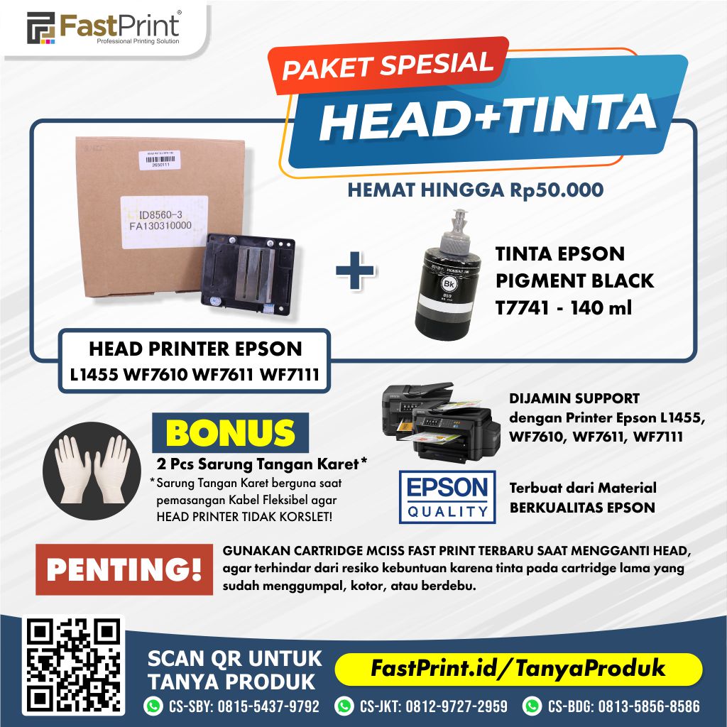 Print Head Printer Epson L1455 WF7610 WF7611 WF7111 Plus Tinta Pigment Black