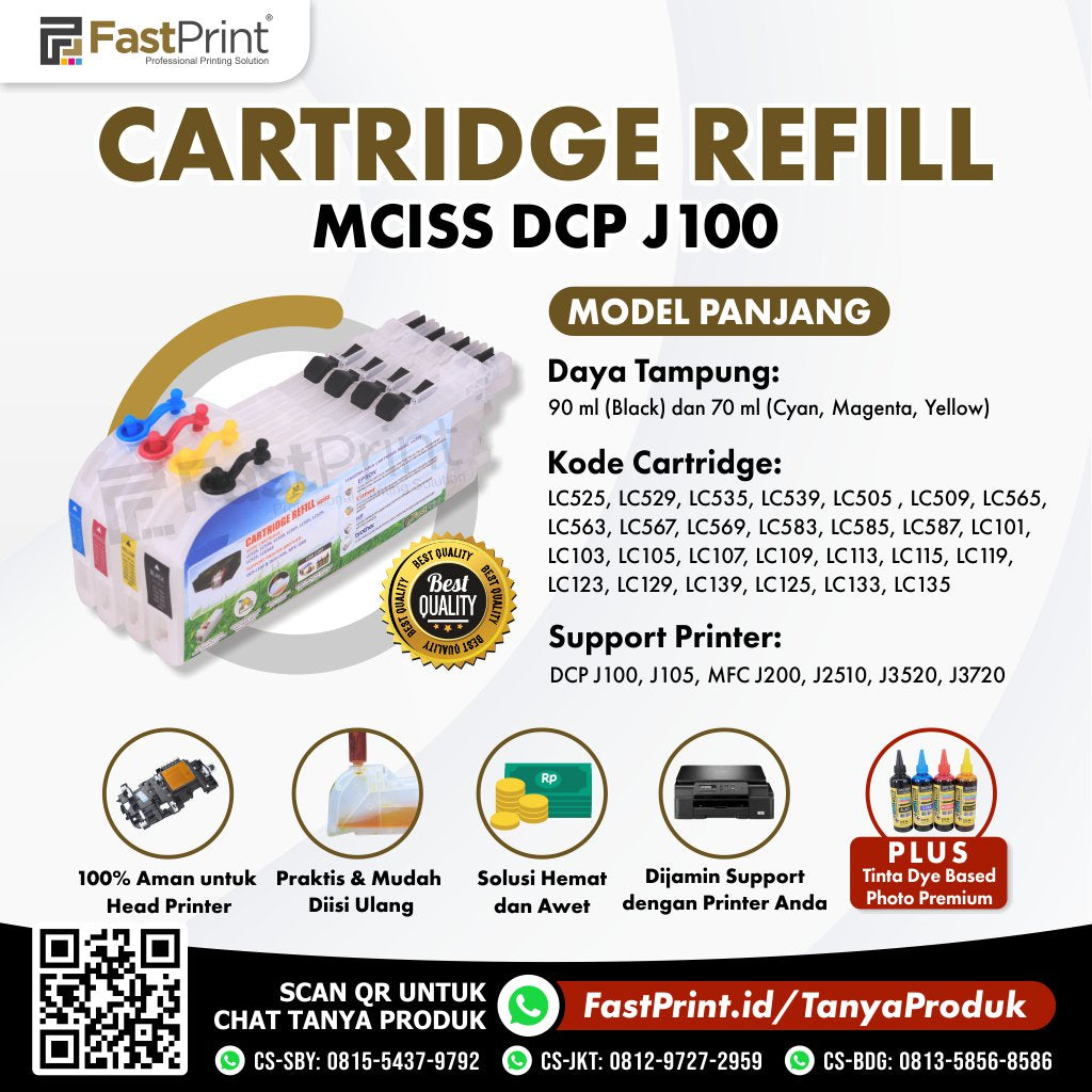 Cartridge MCISS Refillable Brother DCP J100, J105, MFC J200, J2510, J3520, J3720 Plus Tinta