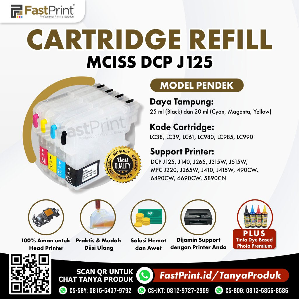 Cartridge MCISS Refillable Brother Pendek DCP J125, J140, J265, J315W, J515W, MFC J220, J265W, J410, J415W, 490CW, 6490CW, 6690CW, 5890CN