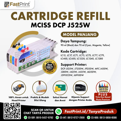 Cartridge MCISS Refillable Brother DCP J525W, J725DW, J925DW, MFC J430W, J280W, J425W, J435W, J625DW, J5910CDW, J6910DW Plus Tinta