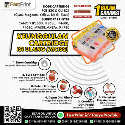 Cartridge MCISS Refillable Canon IP3680, IP4600, IP4680, MP638, MP545, IP4760 Kosongan