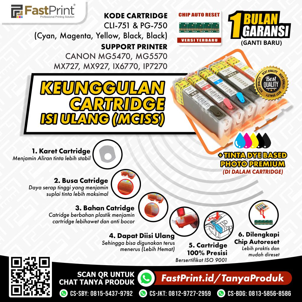 Cartridge MCISS Refillable Canon MG5470, MG5570, MX727, MX927, IP7270, IX6770 Plus Tinta