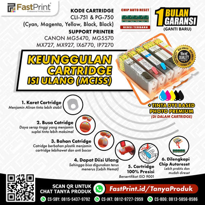 Cartridge MCISS Refillable Canon MG5470, MG5570, MX727, MX927, IP7270, IX6770 Plus Tinta