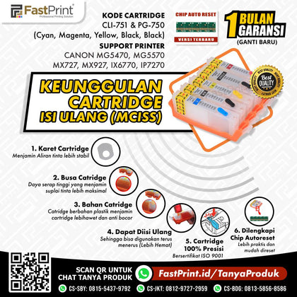 Cartridge MCISS Refillable Canon MG5470, MG5570, MX727, MX927, IP7270, IX6770 Kosongan
