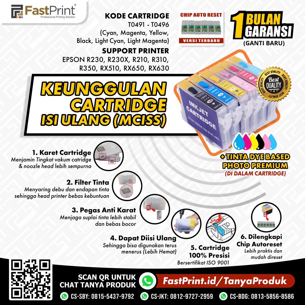 Cartridge MCISS Refillable Epson R230, R230X, R210, R310, R350, RX510, RX650, RX630 Plus Tinta