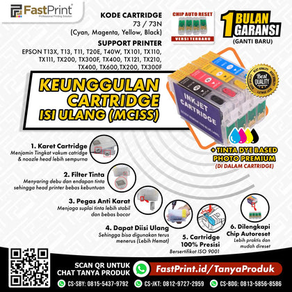 Cartridge MCISS Refillable Epson T11, T13, T13X, T20E, T40W, TX101, TX110, TX111, TX121, TX200, TX210, TX220, TX300F, TX400, TX600 Plus Tinta