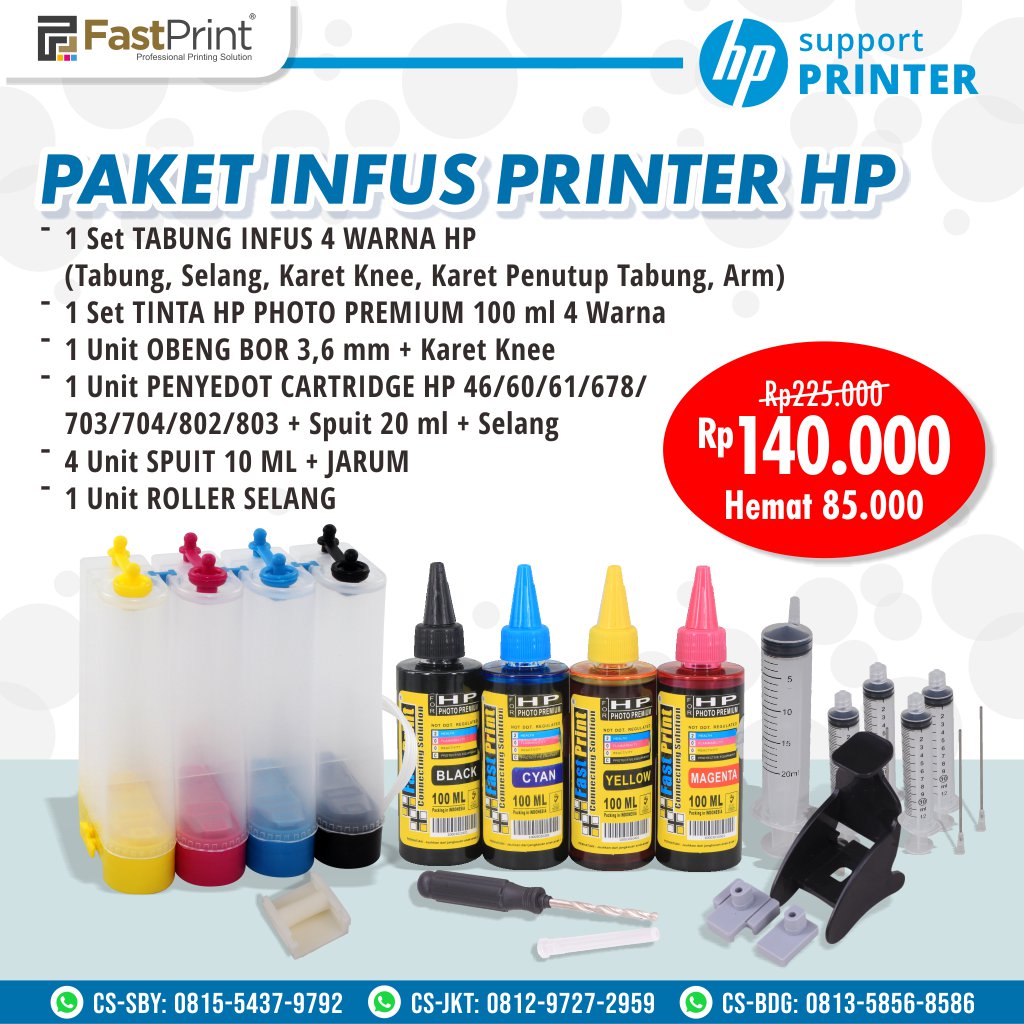 Paket Lengkap Tabung Infus Printer Hp Plus Tinta Refill Fast Print Indonesia 9264
