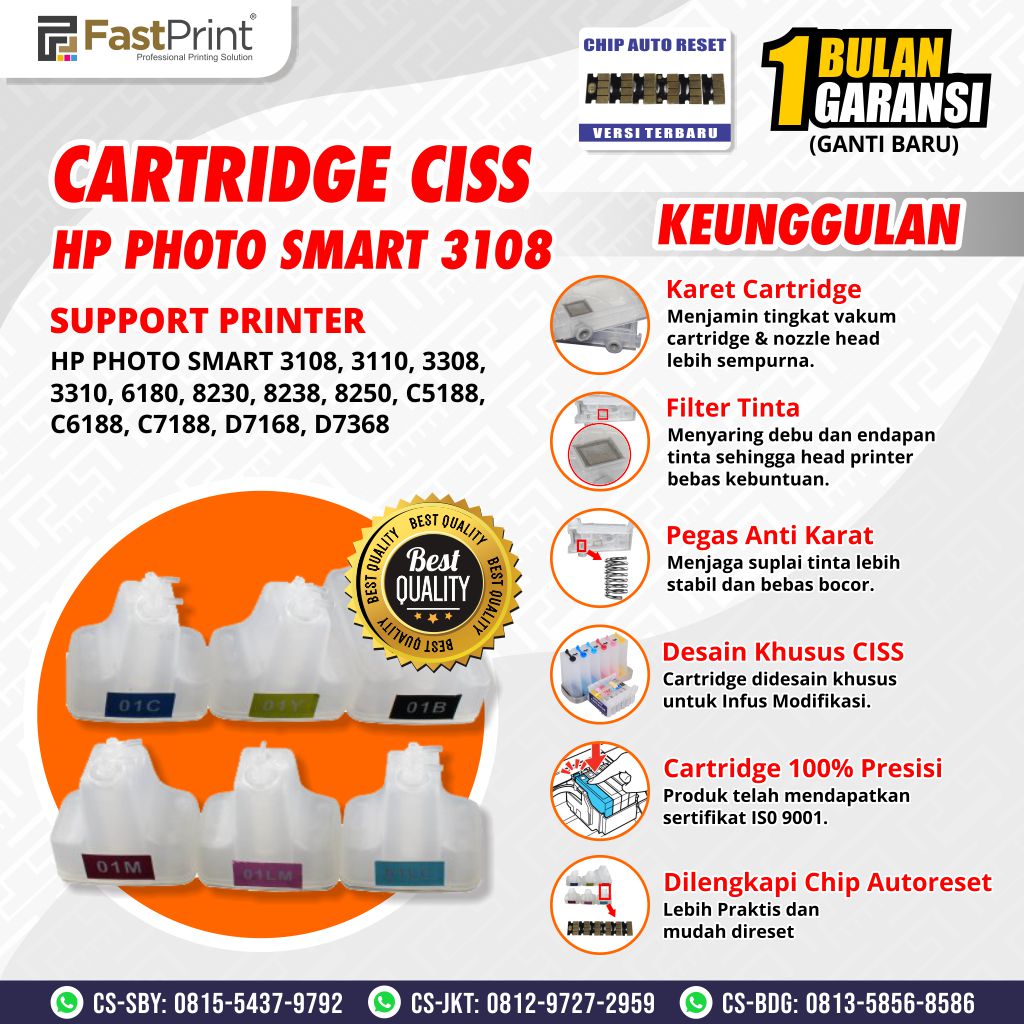 Cartridge Printer Infus CISS HP Photo Smart 3108, 3110, 3308, 3310, 6180, 8230, 8238, 8250, C5188, C6188, C7188, D7168, D7368