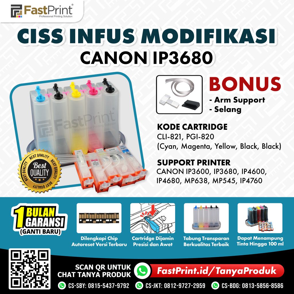 CISS Infus Modifikasi Canon IP3600, IP3680, IP4600, IP4680, MP638, MP545, IP4760 Kosongan