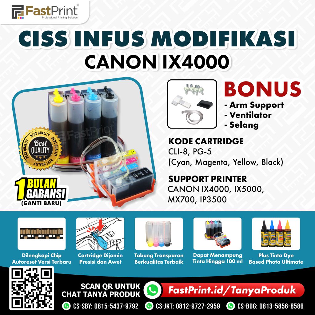 CISS Infus Modifikasi Canon IX4000, IX5000, MX700, IP3500 Plus Tinta