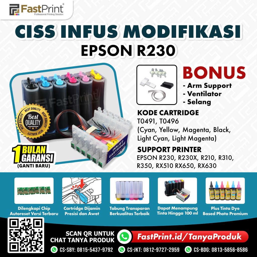 CISS Infus Modifikasi Epson R230, R230X, R210, R310, R350, RX510 RX650, RX630 Plus Tinta