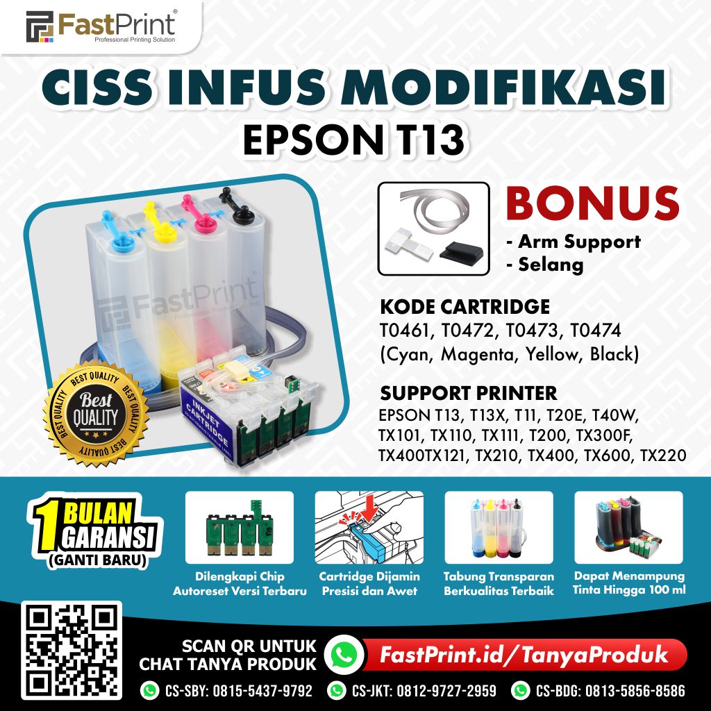 CISS Infus Printer Epson T11, T13, T13X, T20E, T40W, TX101, TX110, TX111, TX121, TX200, TX210, TX400, TX600, TX300F, TX220 Kosongan