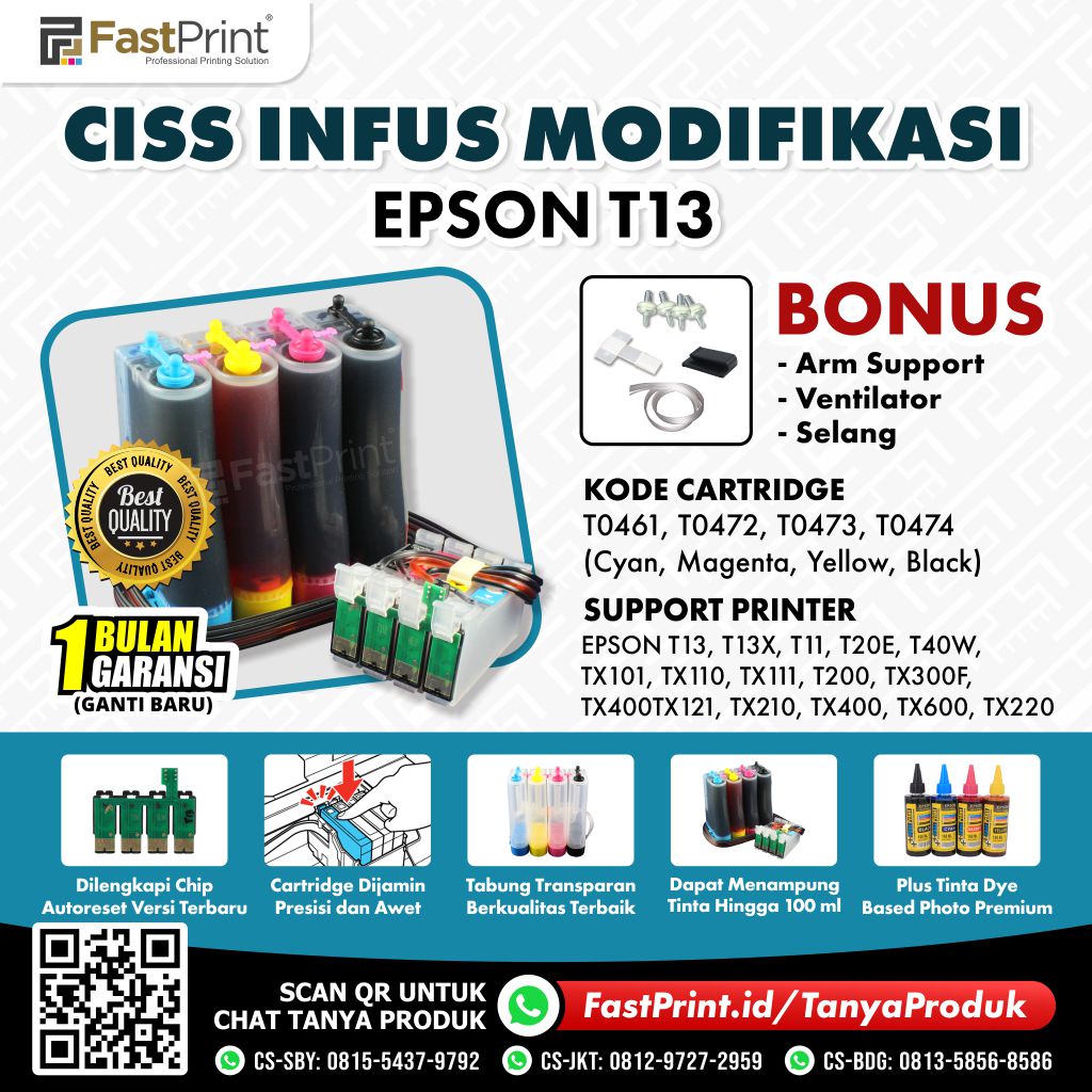 CISS Infus Printer Epson T11, T13, T13X, T20E, T40W, TX101, TX110, TX111, TX121, TX200, TX210, TX400, TX600, TX300F, TX220 Plus Tinta