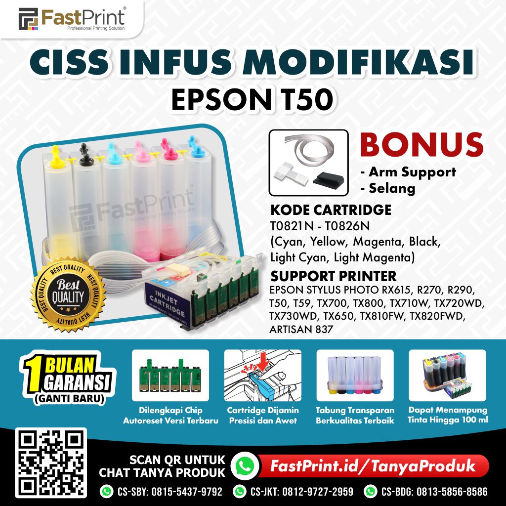 CISS Infus Modifikasi Epson T50, T59, TX700, TX800, TX710W, TX650, TX810FW, TX820FWD Kosongan