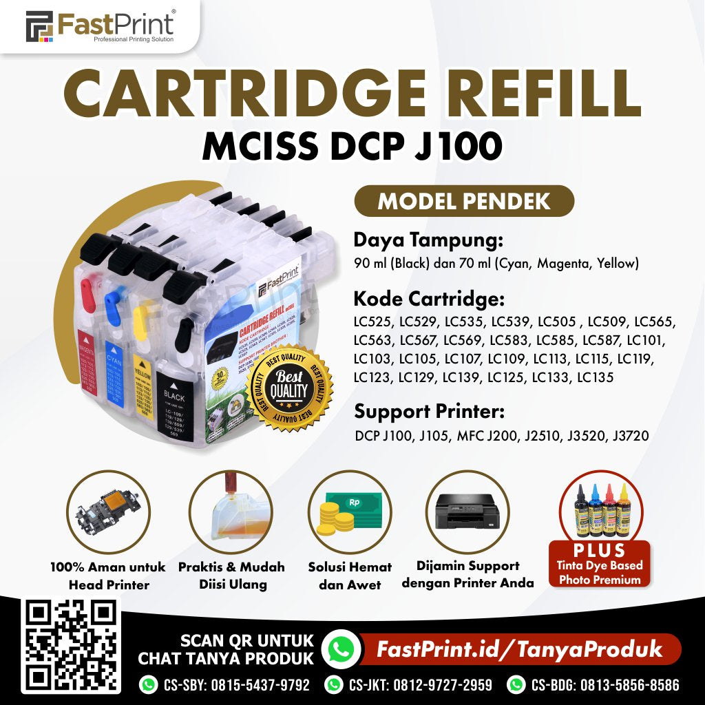 Cartridge MCISS Refillable Brother DCP J100, J105, MFC J200, J2510, J3520, J3720 Plus Tinta