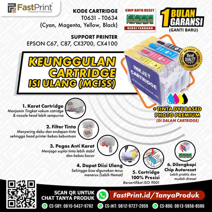 Cartridge MCISS Refillable Epson C67, C87, CX4100, CX3700 Plus Tinta