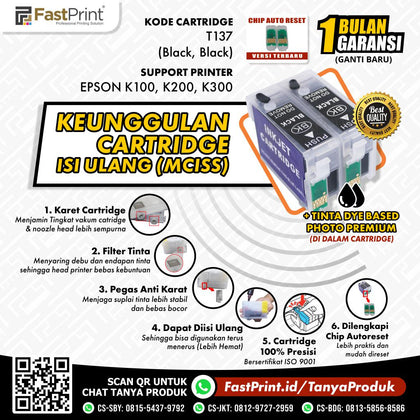 Cartridge MCISS Refillable Epson K100, K200, K300 Plus Tinta