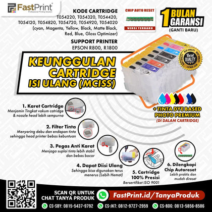 Cartridge MCISS Refillable Epson R800, R1800 Plus Tinta