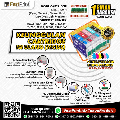 Cartridge MCISS Refillable Epson T50, T59, TX650, TX659, TX700, TX710, TX800, TX810FW Plus Tinta