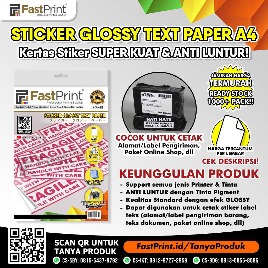 Kertas Stiker Label Text Sticker Paper HVS Glossy A4 100 Gram