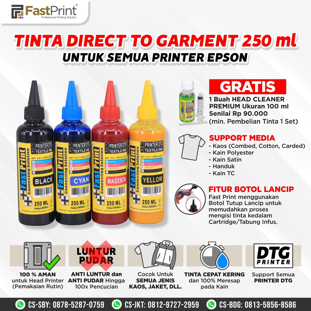 Tinta Textile Printer DTG 1 Set 4 Warna – Fast Print Indonesia