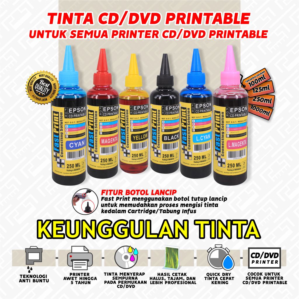 Tinta Premium CD DVD Printable Epson 250 ML – Fast Print Indonesia